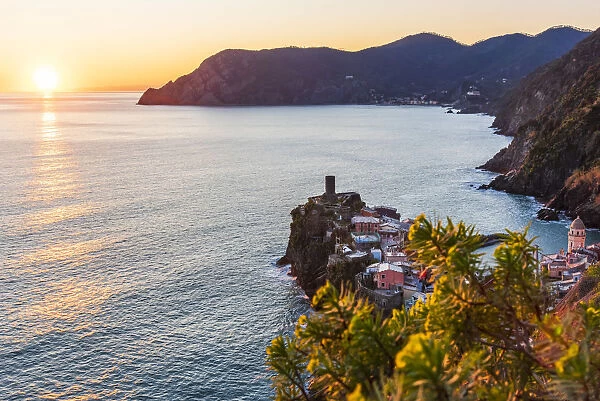 Europe, Italy, Liguria. The Cinque Terre village of Vernazza at sunset