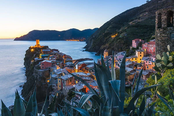 Europe, Italy, Liguria. The Cinque Terre village of Vernazza during the blue hour