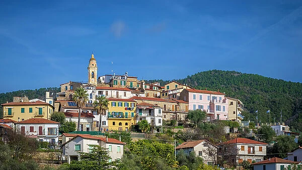 Europe, Italy, Liguria. The little village of Seborga in the hills above Bordighera seen from the footpath