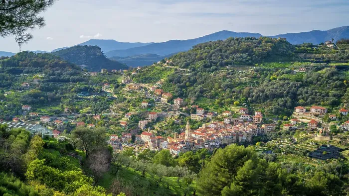 Framed Print : Europe, Italy, Liguria. The little village of Vallebona in the hills above Bordighera seen from the footpath Framed Print : Europe, Italy, Liguria. The little village of Vallebona in the hills above Bordighera seen from the footpath