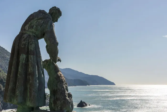 Framed Print : Europe, Italy, Liguria. Monterosso statue of Saint Francis overlooking the sea Framed Print : Europe, Italy, Liguria. Monterosso statue of Saint Francis overlooking the sea