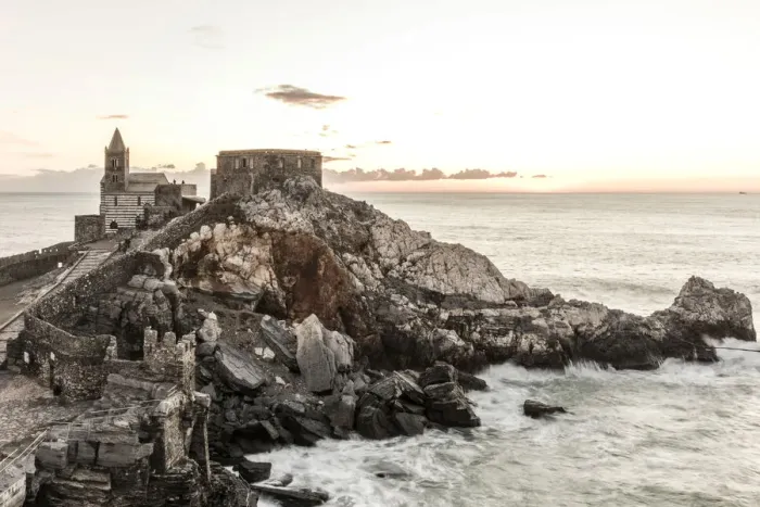 Framed Print : Europe, Italy, Liguria, Portovenere. Sunset with church San Pietro Framed Print : Europe, Italy, Liguria, Portovenere. Sunset with church San Pietro