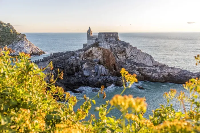 Framed Print : Europe, Italy, Liguria, Portovenere. Sunset with church San Pietro Framed Print : Europe, Italy, Liguria, Portovenere. Sunset with church San Pietro
