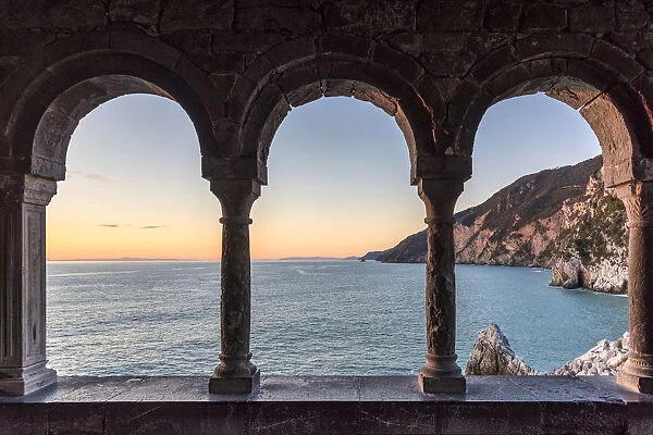Europe, Italy, Liguria, Portovenere, view through the arches of San Pietro