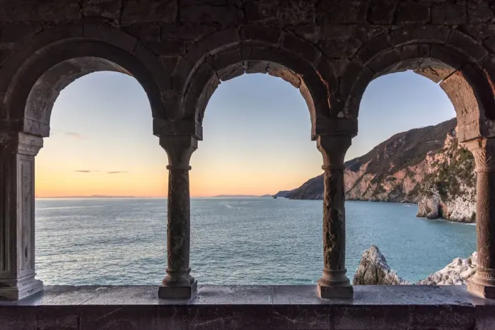 Framed Print : Europe, Italy, Liguria, Portovenere, view through the arches of San Pietro Framed Print : Europe, Italy, Liguria, Portovenere, view through the arches of San Pietro