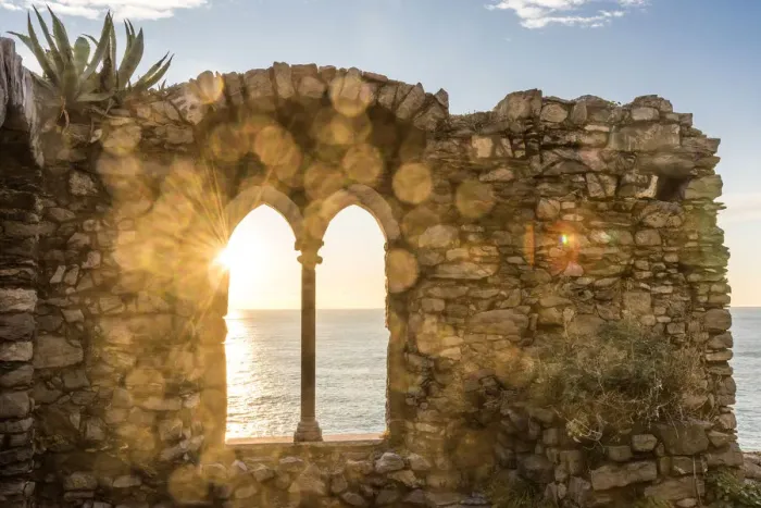 Framed Print : Europe, Italy, Liguria, Portovenere. Sunset seen through the old ruins Framed Print : Europe, Italy, Liguria, Portovenere. Sunset seen through the old ruins