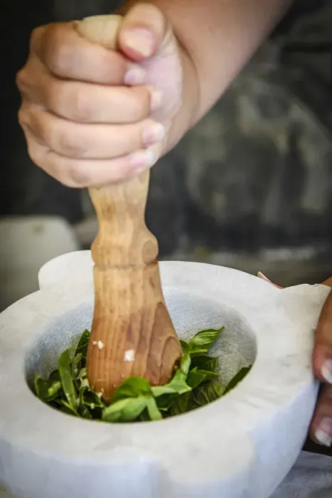 Framed Print : Europe, Italy. Liguria. Preparing genovese pesto during a cooking course Framed Print : Europe, Italy. Liguria. Preparing genovese pesto during a cooking course