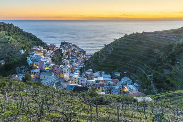 Framed Print : Europe, Italy, Liguria. View over the Cinque Terre village Manarola at sunset Framed Print : Europe, Italy, Liguria. View over the Cinque Terre village Manarola at sunset