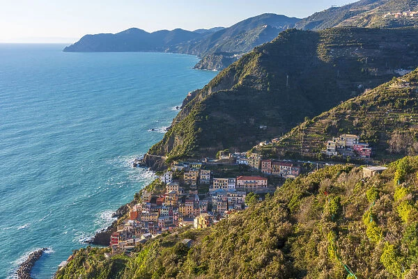 Europe, Italy, Liguria. View over the coast of the Cinque Terre and Riomaggiore
