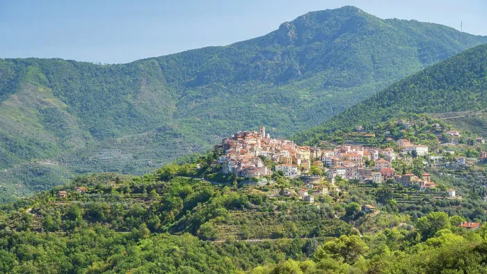 Framed Print : europe, Italy, Liguria, the view of Perinaldo, a small village in the Ligurian mountains