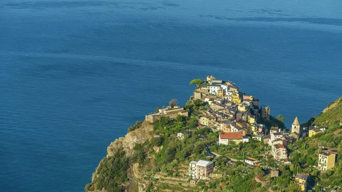 Framed Print : Europe, Italy, Liguria, the village of Corniglia, Cinque Terre, seen from the footpath