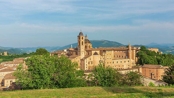europe, Italy, The Marches. Urbino, the view of the skyline of the town with the cathedral and the doges palace