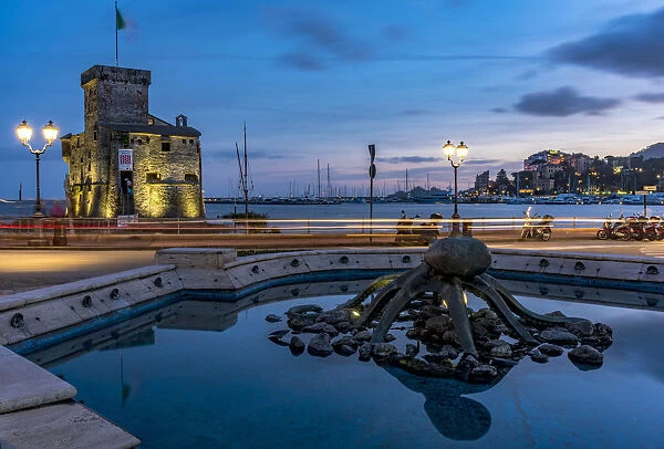 Europe, Italy, Rapallo. Blue hour with Castle