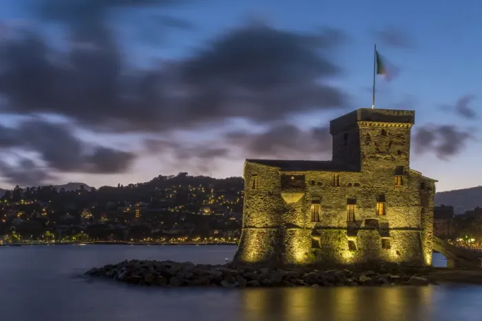 Framed Print : Europe, Italy, Rapallo. Blue hour with castle Framed Print : Europe, Italy, Rapallo. Blue hour with castle