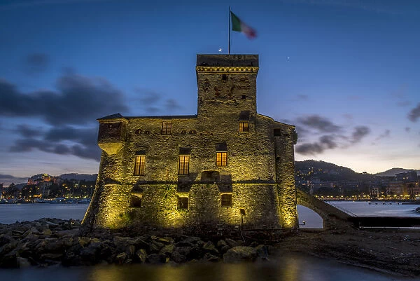 Europe, Italy, Rapallo. Blue hour with Castle