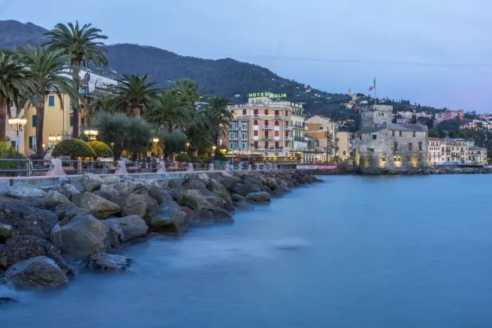 Framed Print : Europe, Italy, Rapallo. Blue hour along the coast to the castle Framed Print : Europe, Italy, Rapallo. Blue hour along the coast to the castle