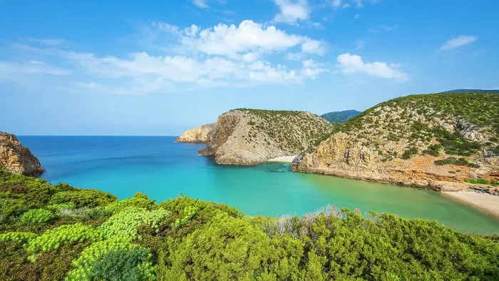 Framed Print : Europe, Italy, Sardinia. The cala Domestica and its beach seen from the footpath Framed Print : Europe, Italy, Sardinia. The cala Domestica and its beach seen from the footpath