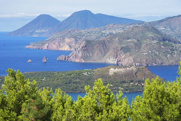 Europe, Italy, Sicily, Aeolian Islands, Vulcano Island, High angle view of Lipari