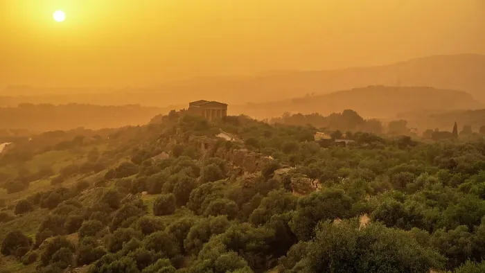 Framed Print : Europe, Italy, Sicily, Agrigento. The Temple of Concordia in the Valley of the Temples at sunset