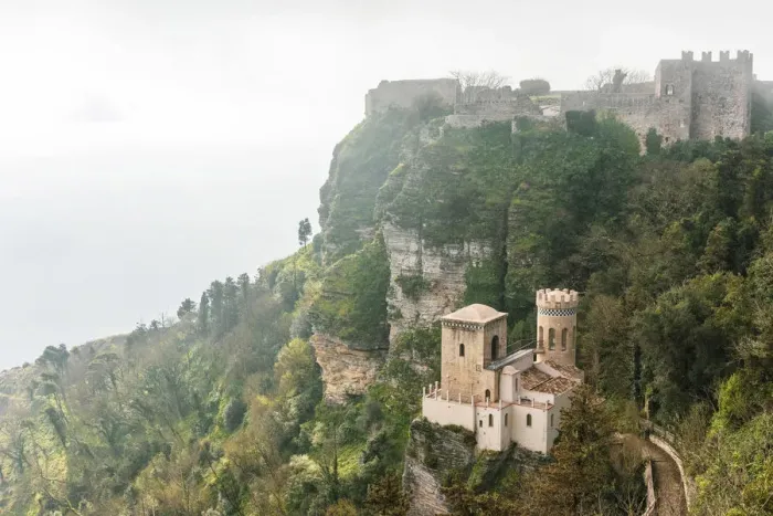 Framed Print : Europe, Italy, Sicily. The castle of Venus in Erice in a typical foggy morning Framed Print : Europe, Italy, Sicily. The castle of Venus in Erice in a typical foggy morning