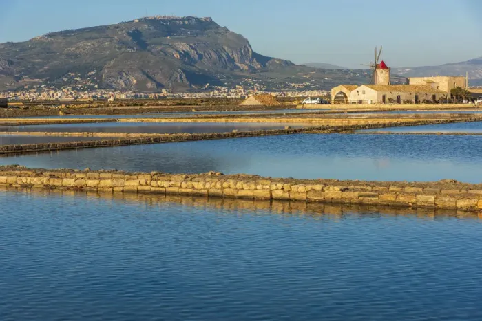 Framed Print : Europe, Italy, Sicily. In the saline of Trapani looking towards Erice