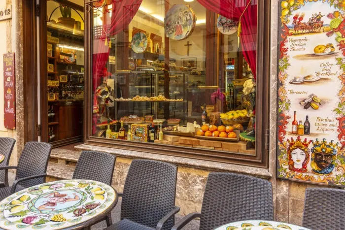 Framed Print : Europe, Italy, Sicily. A typical caffa in the centre of Taormina