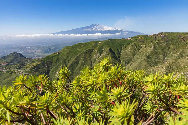 Europe, Italy, Sicily. View towards the Mount Etna from the hiking path from Castelmola