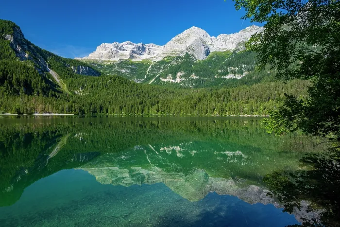 Framed Print : Europe, Italy, Trentino. The lake tovel and the Brenta Dolomites reflecting in its waters Framed Print : Europe, Italy, Trentino. The lake tovel and the Brenta Dolomites reflecting in its waters