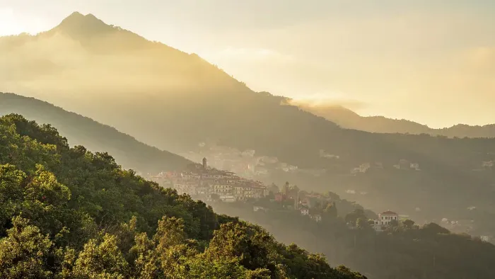 Framed Print : Europe, Italy, Tuscany. Elba Island, Sunset on the Monte Capanne with the villages of Poggio and Marciana