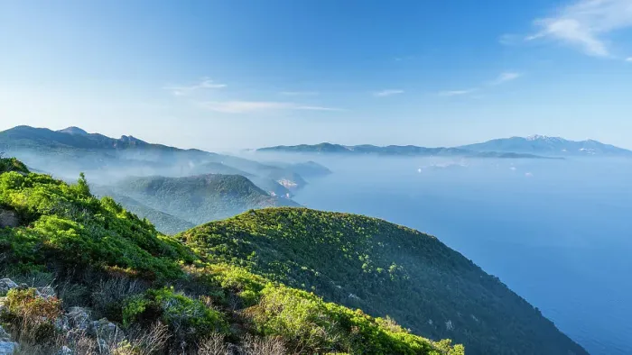 Framed Print : Europe, Italy, Tuscany. Elba Island, view from the GTE footpath towards Portoferraio and the mountains of the island