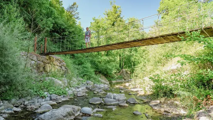 Framed Print : Europe, Italy, Tuscany. A hanging bridge near to Pontremoli in Lunigiana on the pilgrimage route Via Francigena Framed Print : Europe, Italy, Tuscany. A hanging bridge near to Pontremoli in Lunigiana on the pilgrimage route Via Francigena