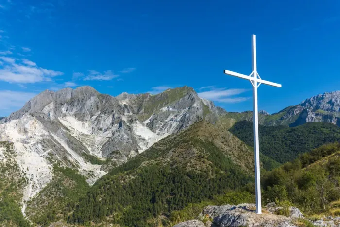 Framed Print : Europe, Italy, Tuscany. The marble quarries and the summit cross of Monte Tamburone above Framed Print : Europe, Italy, Tuscany. The marble quarries and the summit cross of Monte Tamburone above