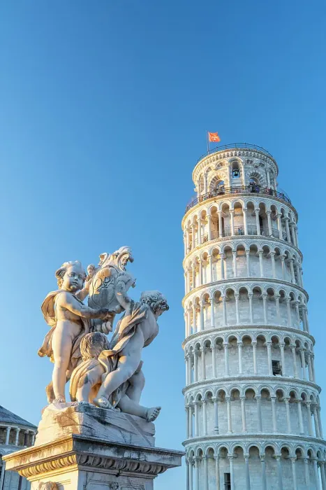 Framed Print : europe, Italy, Tuscany, Pisa. Piazza dei Miracoli with the leaning tower and the sculpture of angels