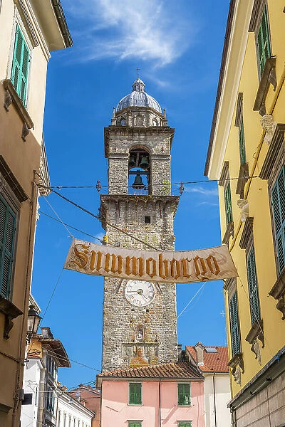 europe, Italy, Tuscany. Pontremoli, the bell tower in the historic centre of the town, crossed by the old pilgrimage route Via Francigena