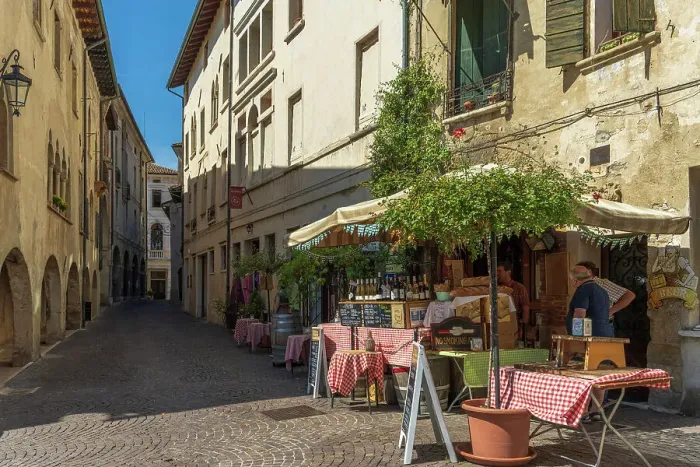 Framed Print : Europe, Italy, Veneto. Asolo, a street with a typical enoteca offering wine and panini Framed Print : Europe, Italy, Veneto. Asolo, a street with a typical enoteca offering wine and panini