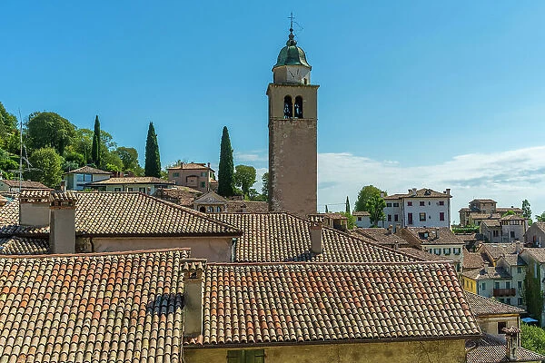 Europe, Italy, Veneto. Asolo, view above the roofs towards the tower of the cathedral