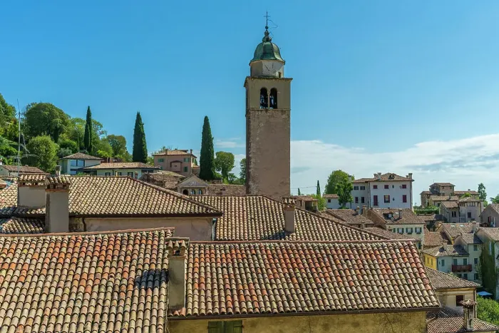 Framed Print : Europe, Italy, Veneto. Asolo, view above the roofs towards the tower of the cathedral Framed Print : Europe, Italy, Veneto. Asolo, view above the roofs towards the tower of the cathedral