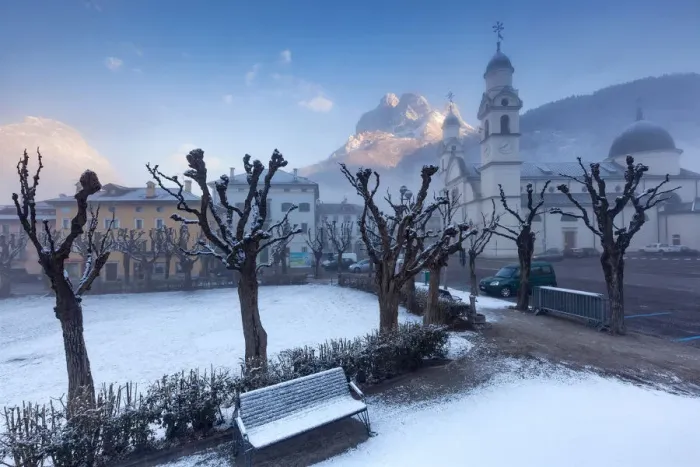 Framed Print : Europe, Italy, Veneto, Belluno. The center of Agordo with the church and the mount Framed Print : Europe, Italy, Veneto, Belluno. The center of Agordo with the church and the mount