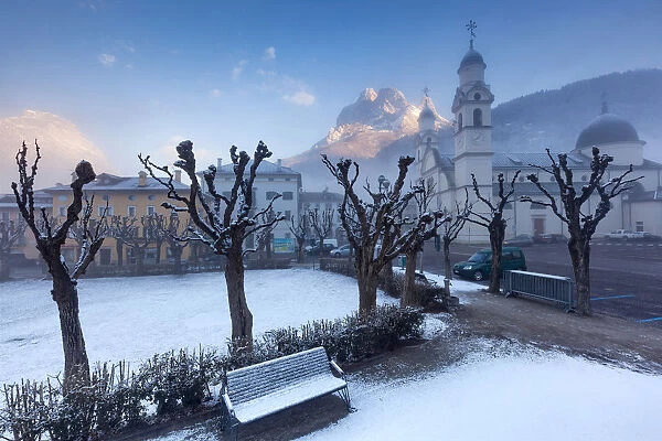 Europe, Italy, Veneto, Belluno. The center of Agordo with the church and the mount