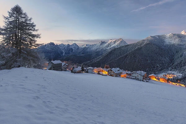 Europe, Italy, Veneto, Belluno, Dolomites. The village of Coi, Zoldo valley at dusk