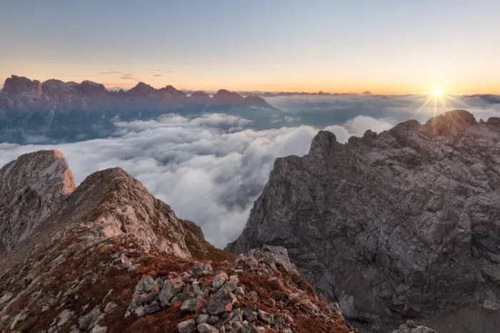 Framed Print : Europe, Italy, Veneto, Cadore, Auronzo. Sunrise with sea of clouds from Camosci peak