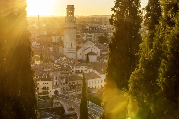 Framed Print : europe, Italy, Veneto. Verona, view over the town at sunset from castle san Pietro