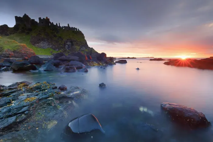 Framed Print : Europe, Northern Ireland, Antrim, Dunluce Castle at sunset