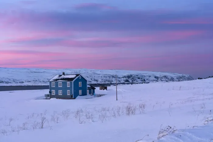 Framed Print : Europe, Norway, Finnmark, Kongsfjord, Veidnes, Blue house at sunset Framed Print : Europe, Norway, Finnmark, Kongsfjord, Veidnes, Blue house at sunset