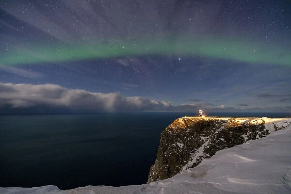 Europe, Norway, Finnmark, North Cape, Nordkapp by night with Northern Lights