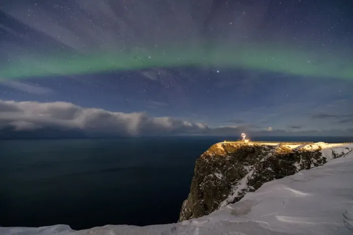 Framed Print : Europe, Norway, Finnmark, North Cape, Nordkapp by night with Northern Lights Framed Print : Europe, Norway, Finnmark, North Cape, Nordkapp by night with Northern Lights