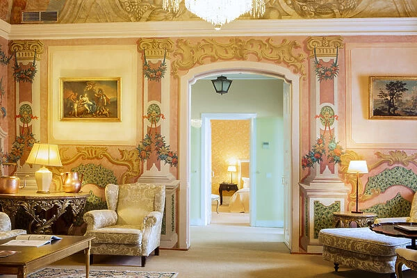 Europe, Portugal, Alentejo. Evora, a bedroom in the Evora pousada luxury hotel