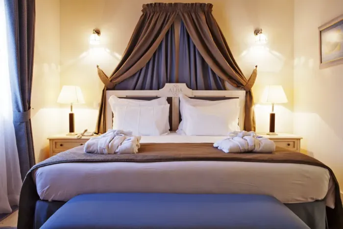Framed Print : Europe, Portugal, Algarve, praia de Albandeira, Carvoeiro, Lagoa, a bedroom in a suite