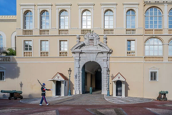 Europe, Principality of Monaco. A part of the prince's palace with a guard