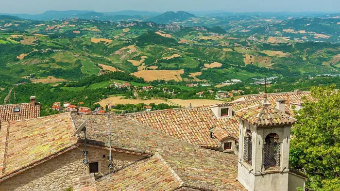 Framed Print : Europe, Republic of San Marino. View from the town towards the surrounding landscape (Italy) Framed Print : Europe, Republic of San Marino. View from the town towards the surrounding landscape (Italy)